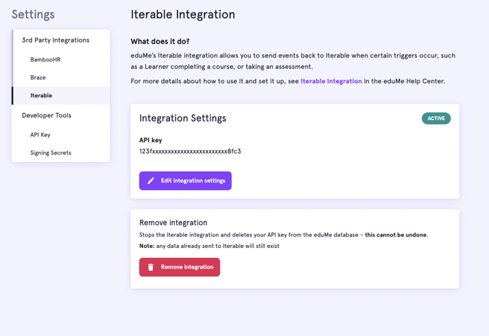 Iterable integration page with options to edit and remove integration