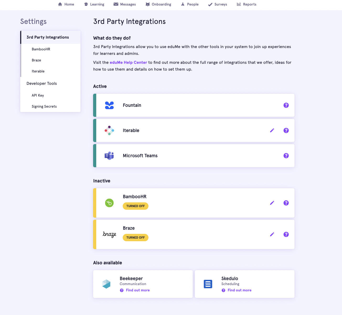 3rd party integrations page with details of active, inactive, and available integrations